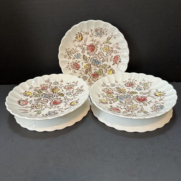 JOHNSON BROTHERS 5 Saucer Plates Staffordshire Bouquet Brown Multicolor VTG - Picture 1 of 10